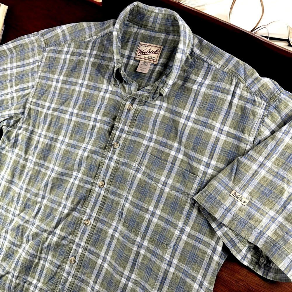 Woolrich Shirt Men Large Green Plaid Check Button Down Short Sleeve Outdoor